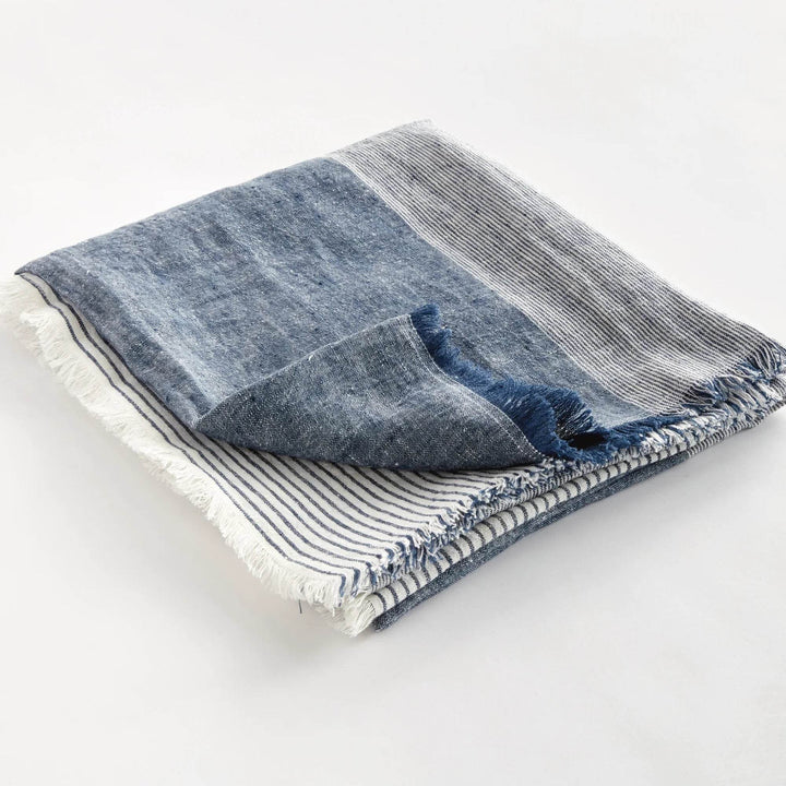 European Linen Throw “ Navy And Ivory Yarn-Dyed Blanket 60X50 - Delamere Design