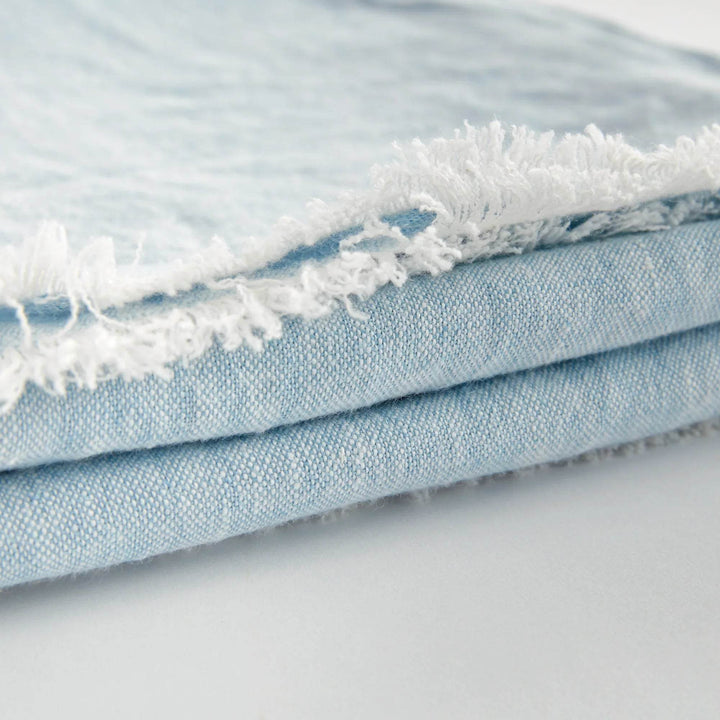 Close-up of light blue flax linen throw blanket folded neatly, highlighting the fine weave and coastal-inspired color