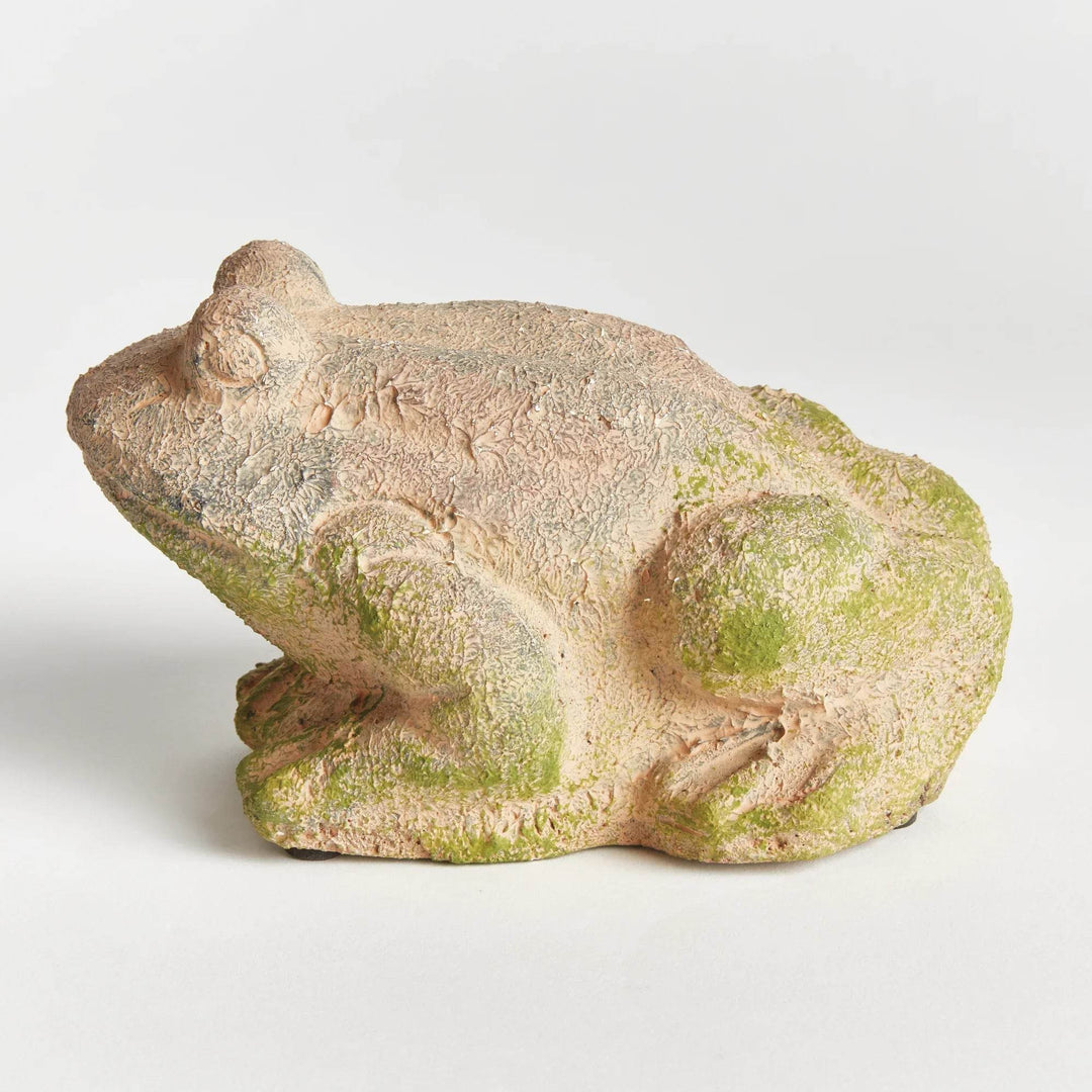 Close-up of textured terracotta frog finish with moss green highlights, showing artisan detailing and weathered glaze.

