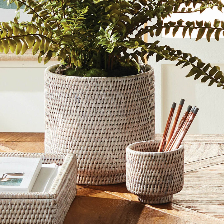 Whitewash Burma Rattan Cachepots - Set of 2