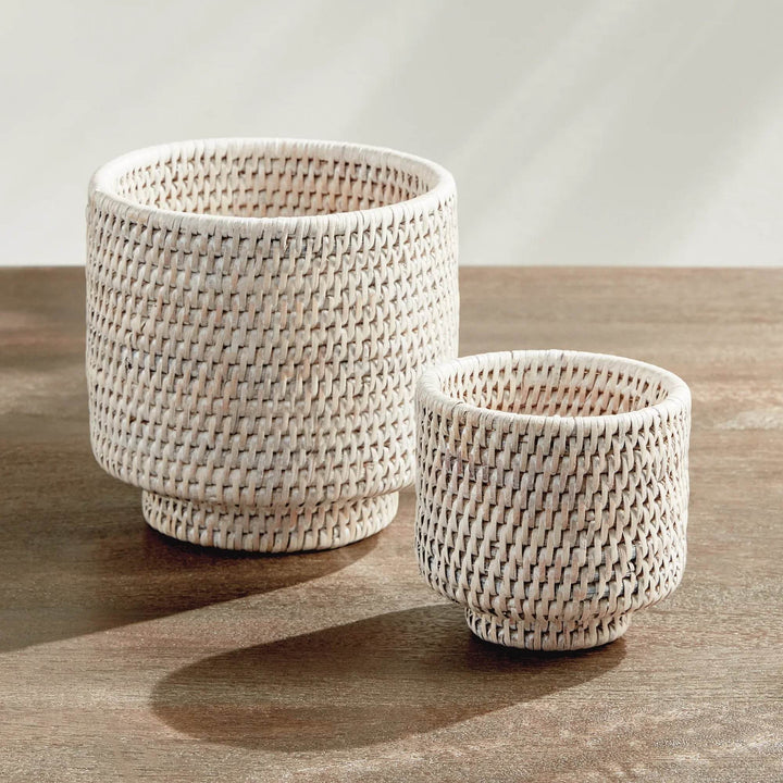 Whitewash Burma Rattan Cachepots - Set of 2