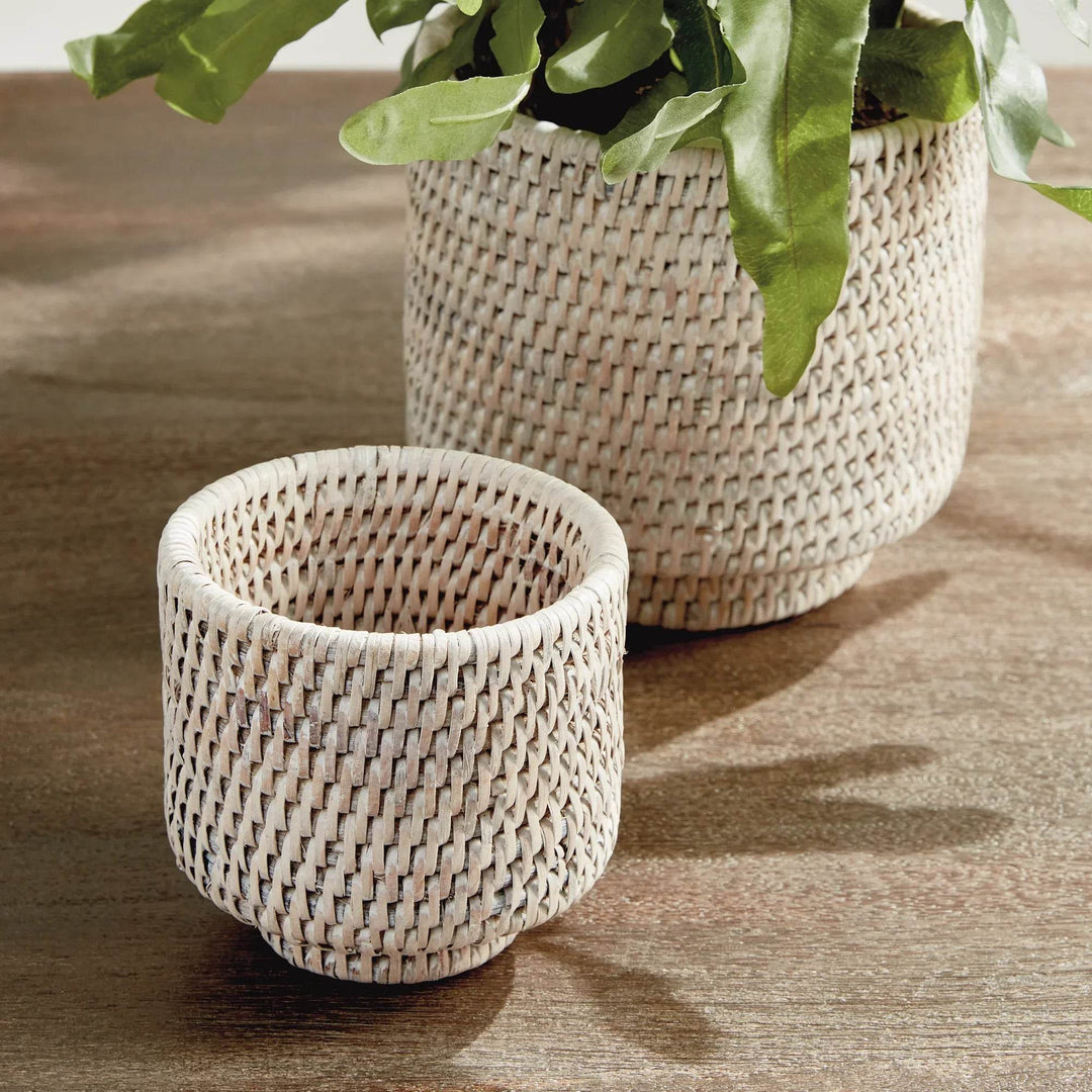 Whitewash Burma Rattan Cachepots - Set of 2