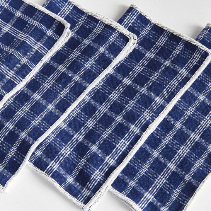 Designer Navy Blue Checkered Cocktail Napkins - Set of 4