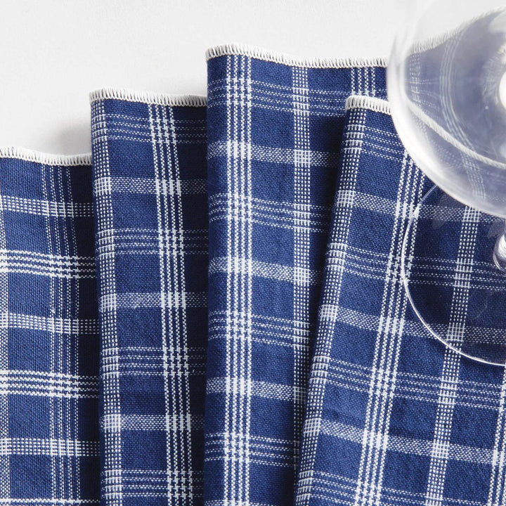 Designer Navy Blue Checkered Cocktail Napkins - Set of 4
