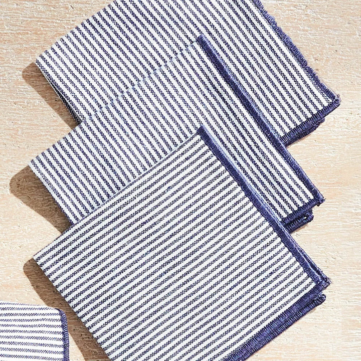 Elegant Pinstriped Navy Blue Cocktail Napkins - Set of 4
