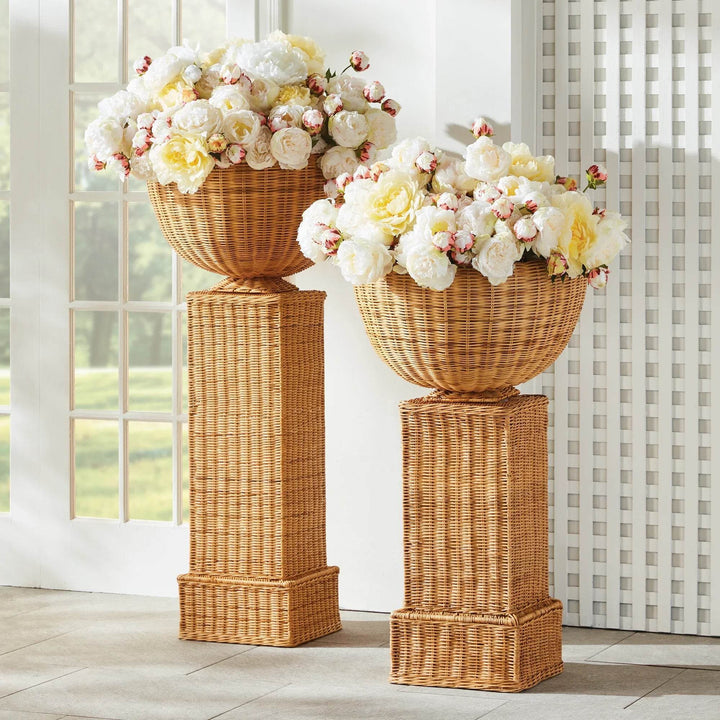 Short Natural Rattan Boho Coastal Pedestal Stand