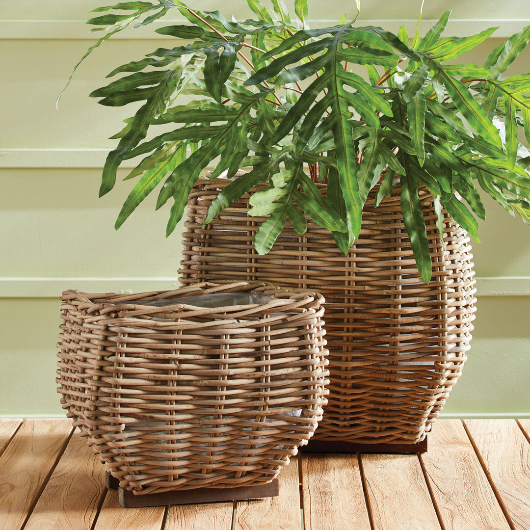 Small Whitewashed Rattan Square Taper Basket Planter with Liner