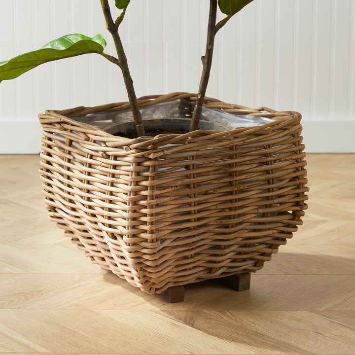 Small Whitewashed Rattan Square Taper Basket Planter with Liner