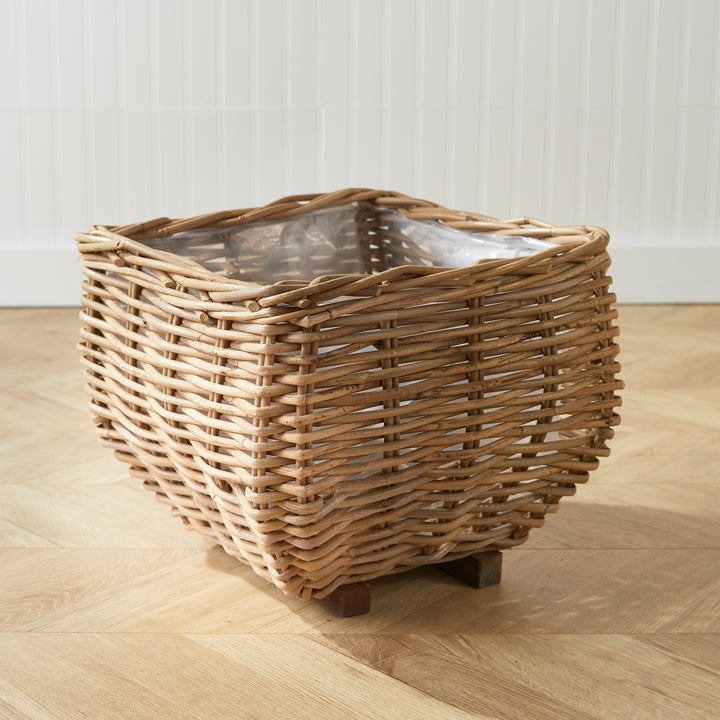 Small Whitewashed Rattan Square Taper Basket Planter with Liner