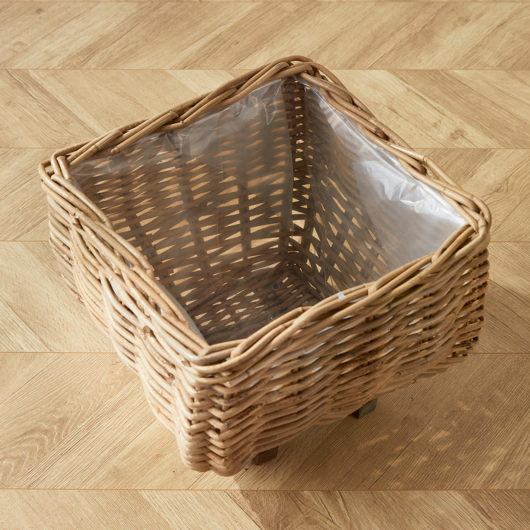 Small Whitewashed Rattan Square Taper Basket Planter with Liner