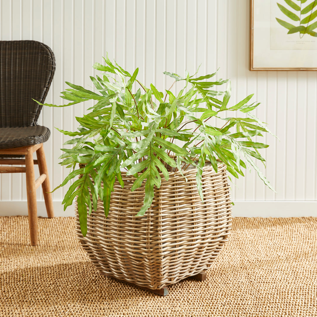 Large Whitewashed Rattan Square Taper Basket Planter with Liner