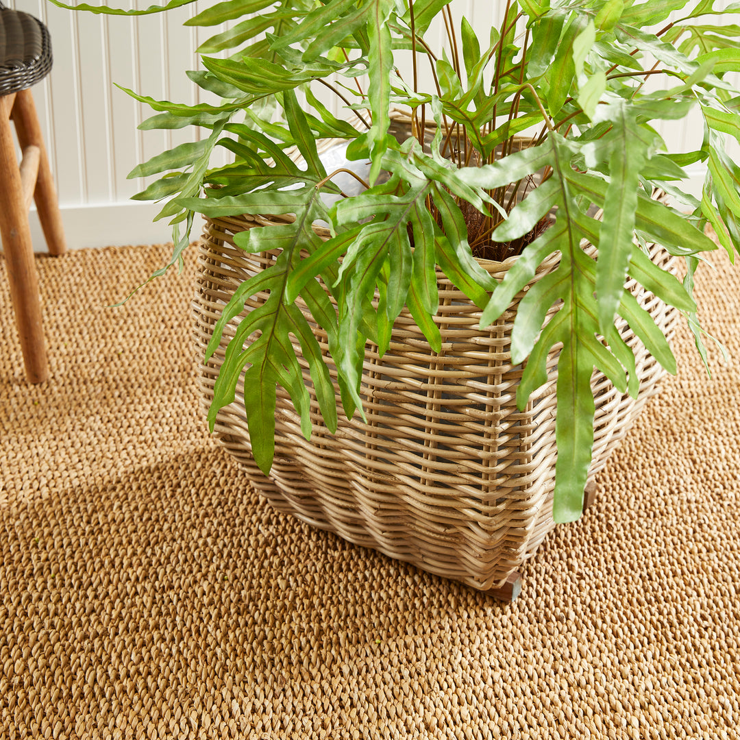 Large Whitewashed Rattan Square Taper Basket Planter with Liner