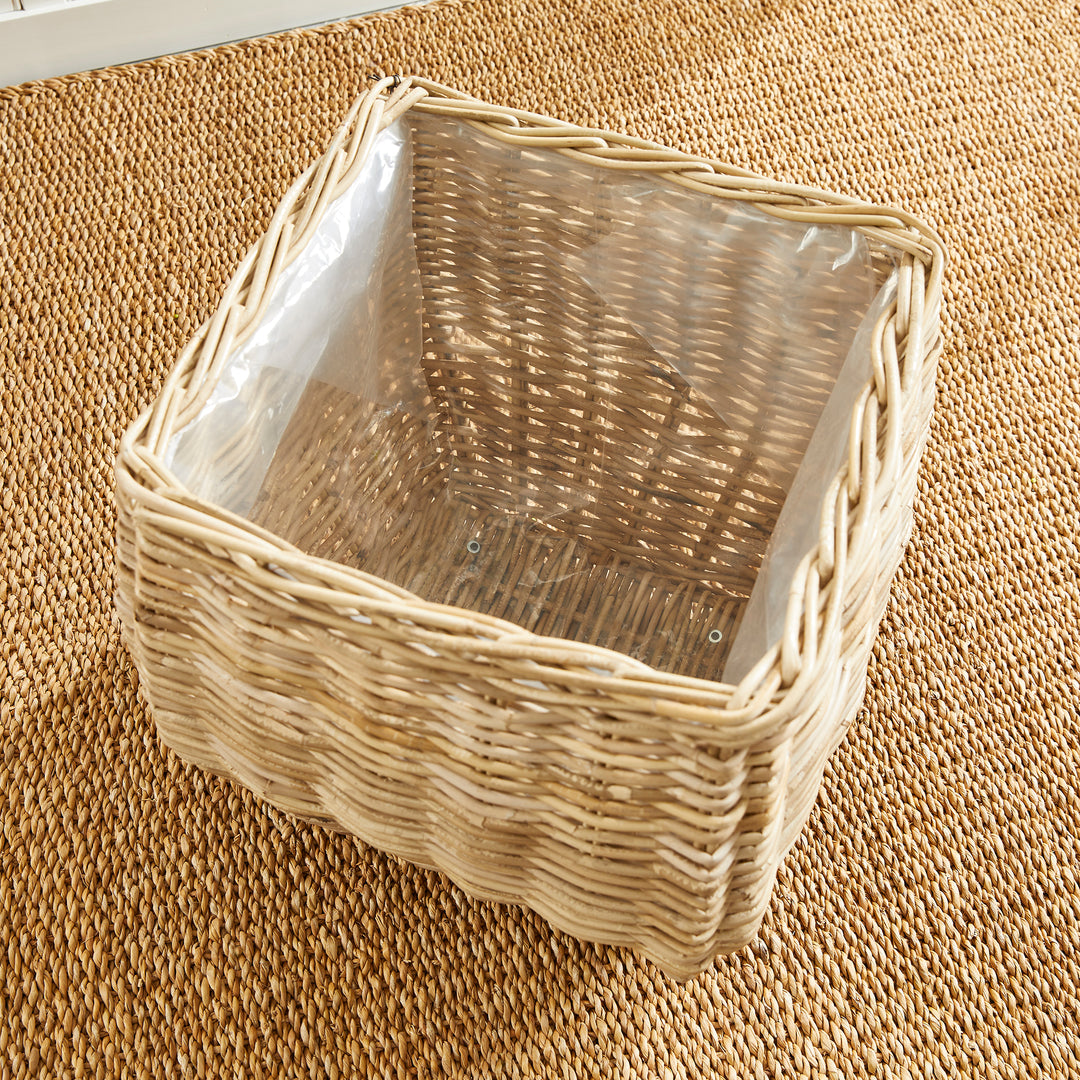 Large Whitewashed Rattan Square Taper Basket Planter with Liner