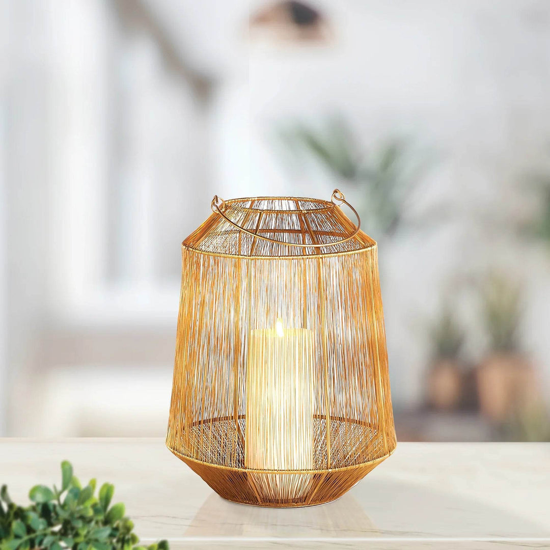 Small Antique Brass Lantern with Woven Metallic Strands