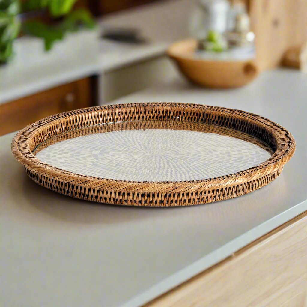 Burma Rattan Serving Platter with Glass Insert