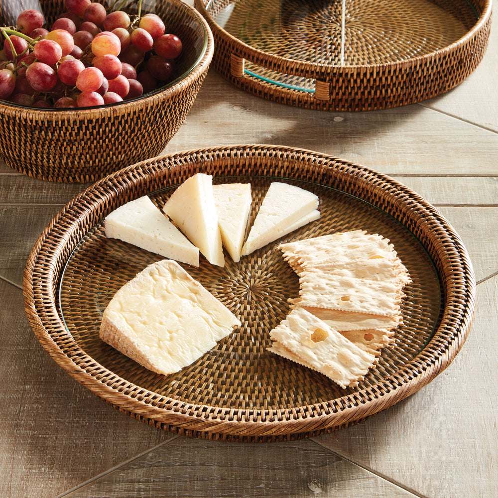 Burma Rattan Serving Platter with Glass Insert with food