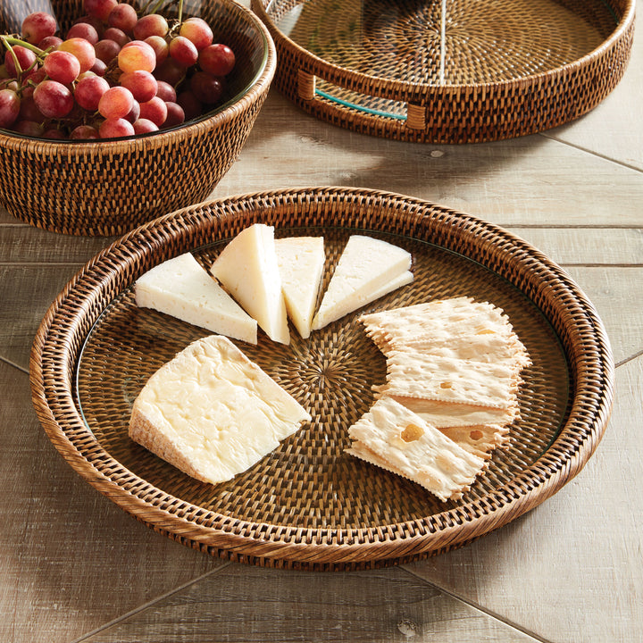 Burma Rattan Serving Platter with Glass Insert with food