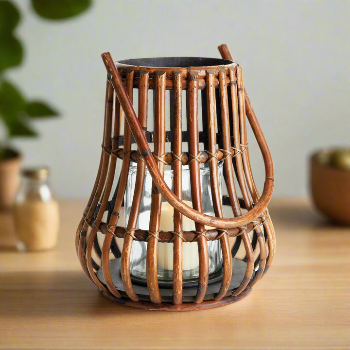 Medium Copper Brown Rattan Rustic Lantern for LED Candles