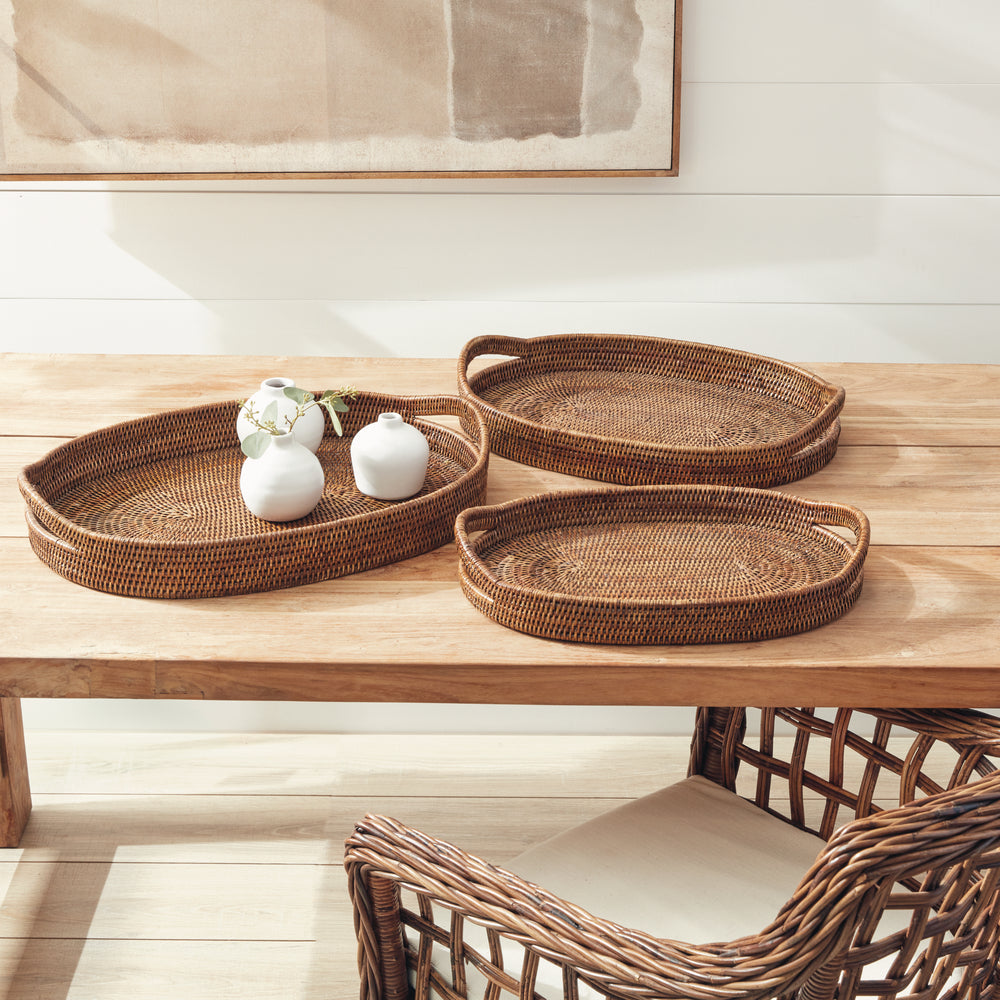 Brown Rattan Oval Serving Trays, Set Of 3