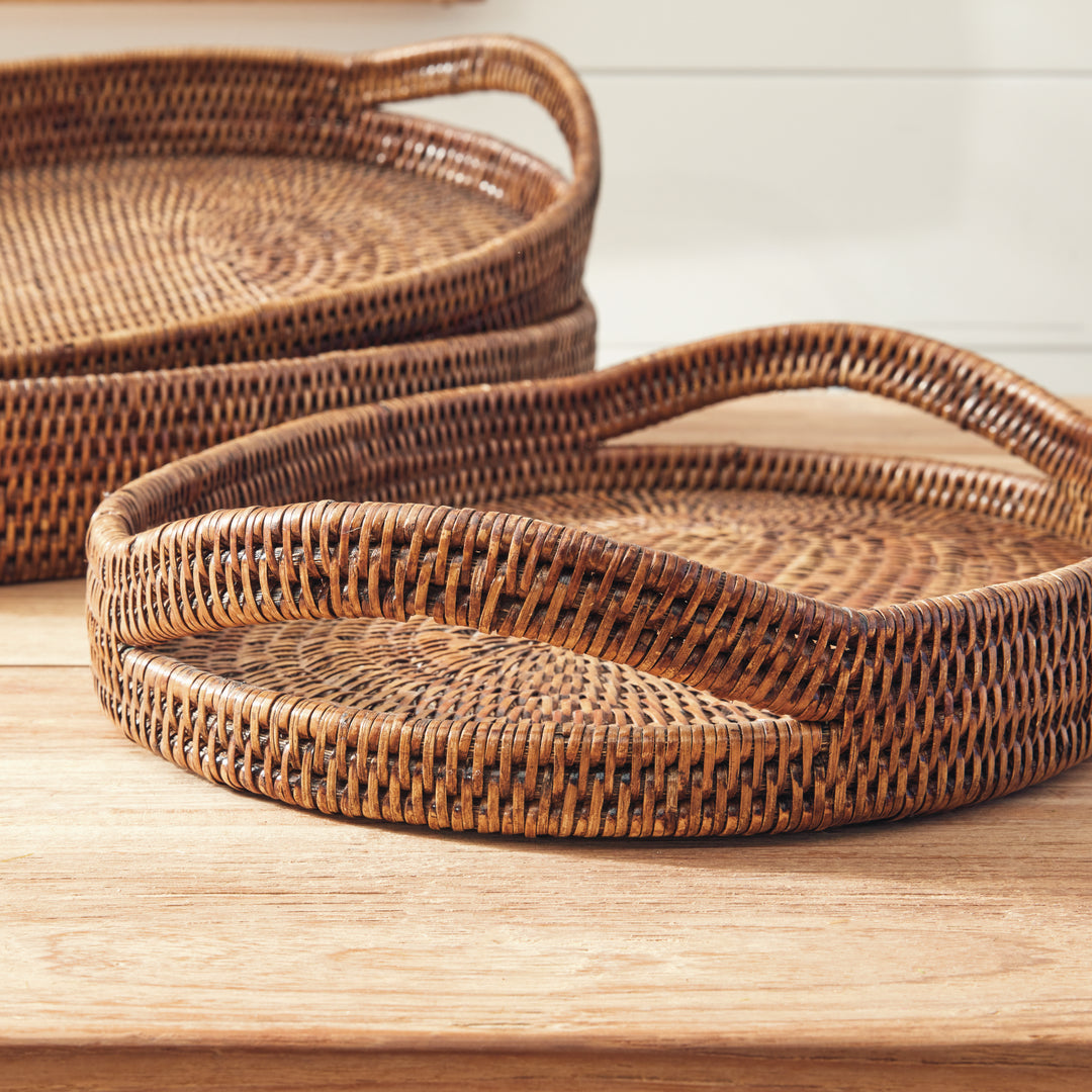 Brown Rattan Oval Serving Trays, Set Of 3