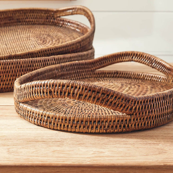 Brown Rattan Oval Serving Trays, Set Of 3