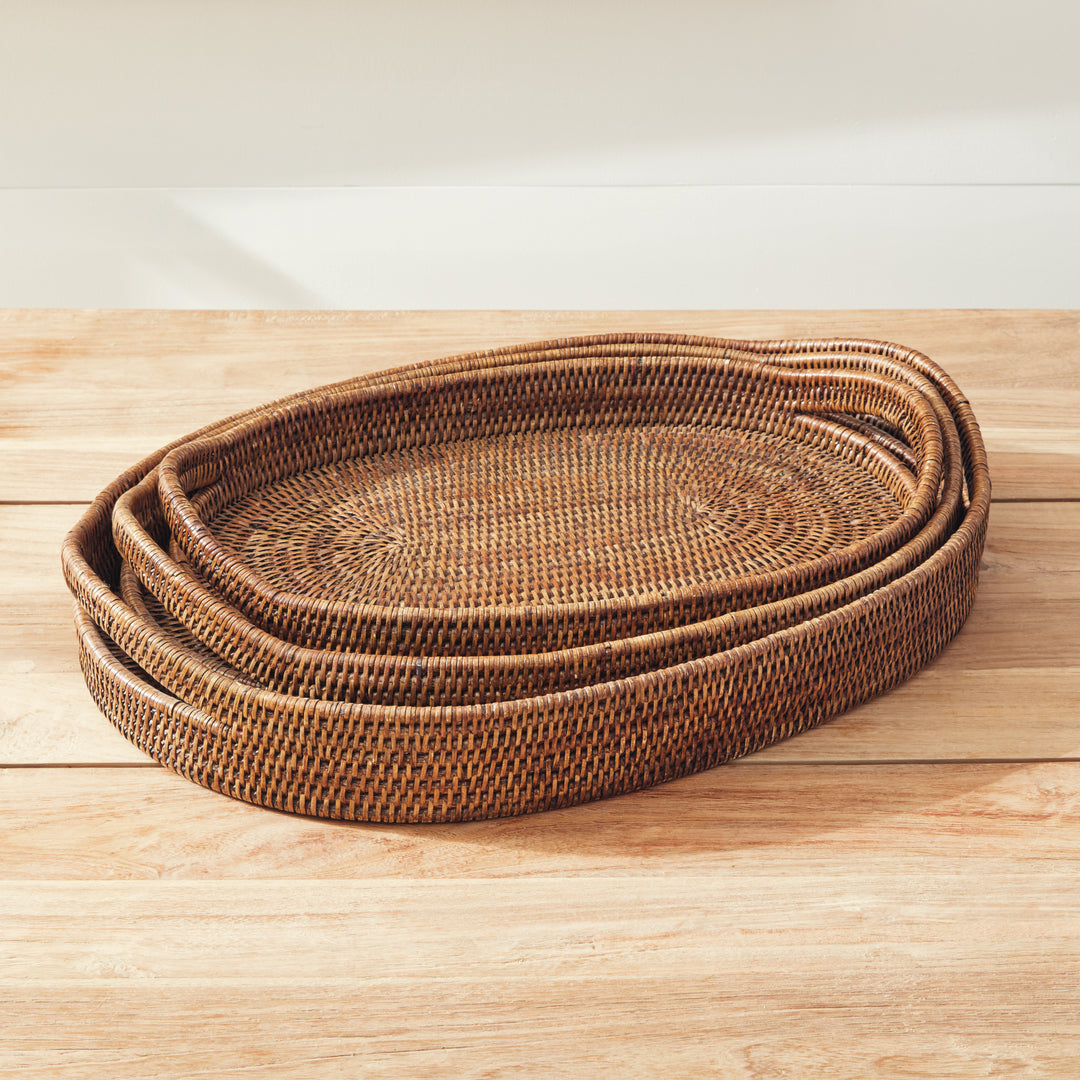 Brown Rattan Oval Serving Trays, Set Of 3