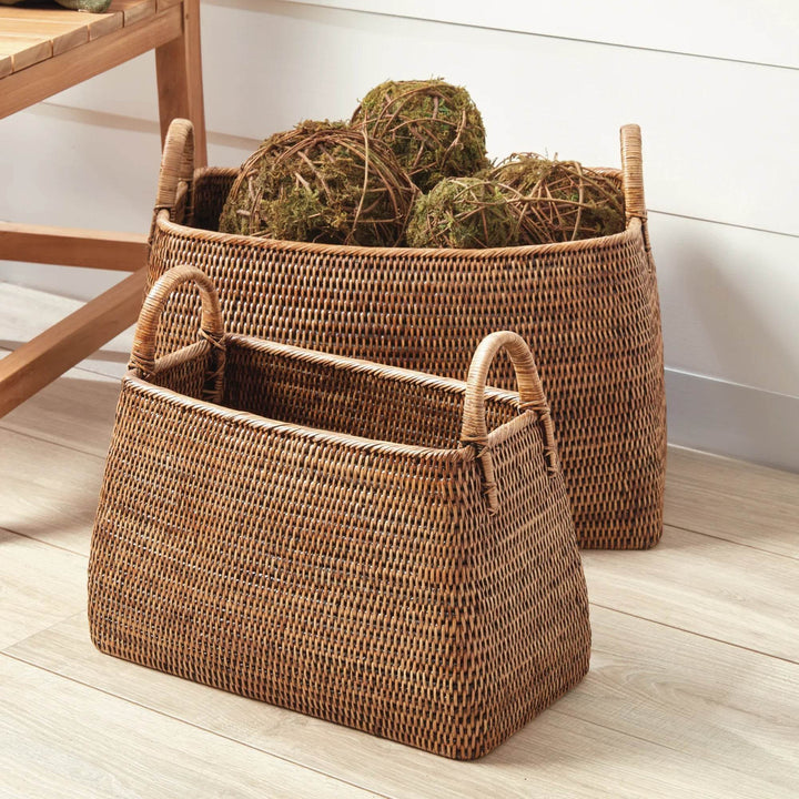 Burma Brown Rattan Narrow Magazine Baskets, Set Of 2 - Delamere Design