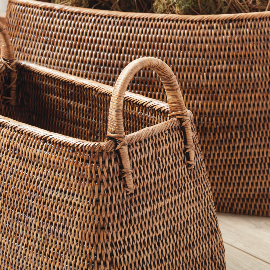 Burma Brown Rattan Narrow Magazine Baskets, Set Of 2