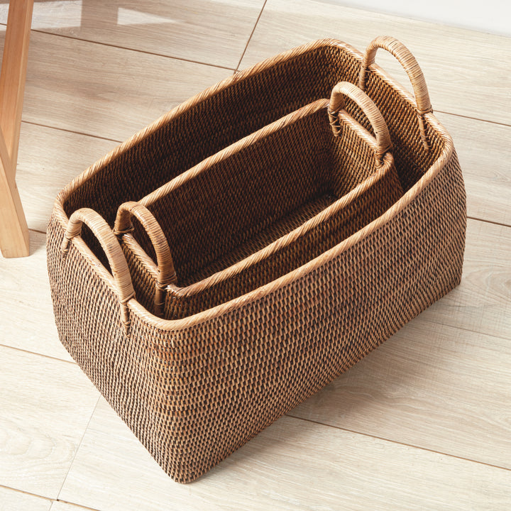 Burma Brown Rattan Narrow Magazine Baskets, Set Of 2