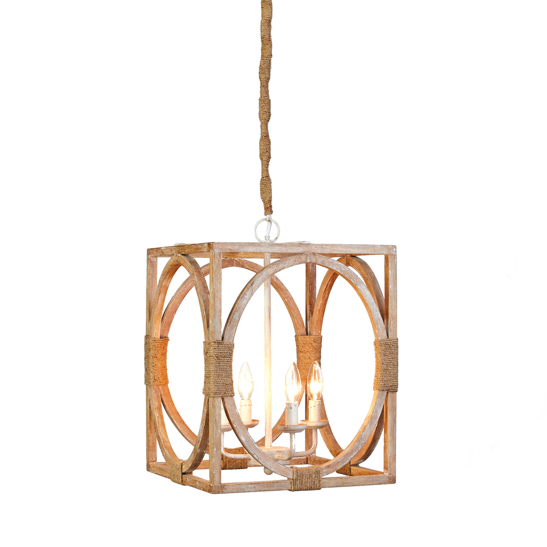 Farmhouse Whitewashed Wood Chandelier with Jute Detail