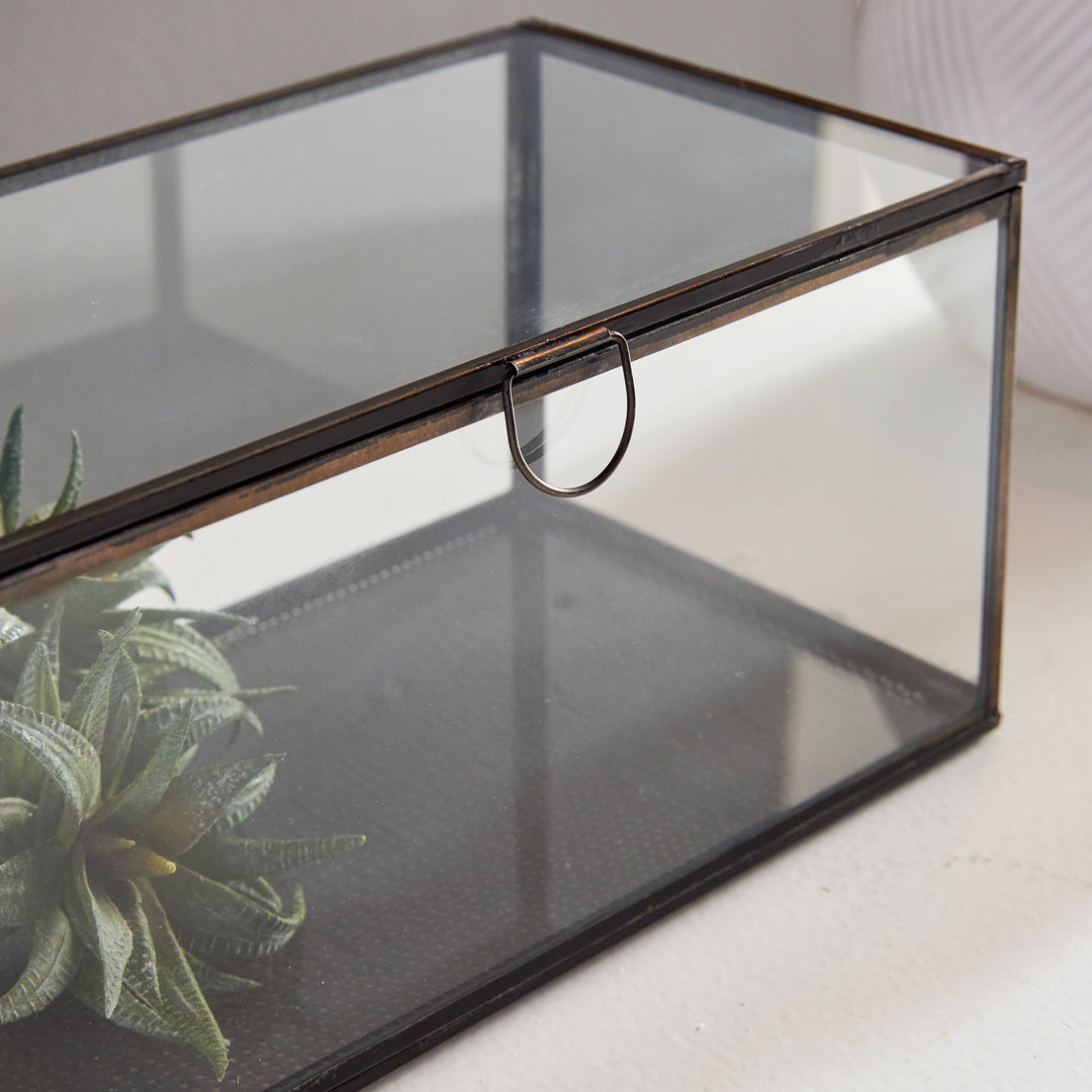 The Arwen Rectangular Black Display Box is the ideal solution for elegantly displaying and preserving your valuable keepsakes. Made of glass and brass with a delicate loop handle, this carefully crafted box ensures your mementos remain in pristine condition while adding a touch of style to your décor. By investing in this display box, you can showcase your most treasured items with ease and sophistication.