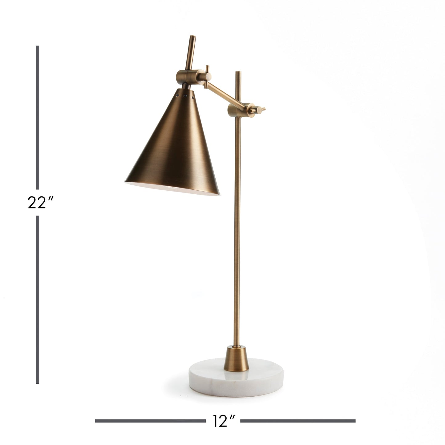 With a dually adjustable design, the Arnoldi Desk Lamp is modern architecture for the room. The brass finish and marble Base give it a touch of classic elegance. Designed for versatility, the Arnoldi Desk Lamp features a dual adjustable design that adds a touch of modern architecture to any space. The sleek brass finish and marble base provide a timeless touch of elegance.