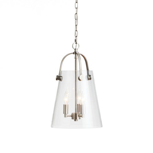 Crafted from a custom glass mold, the Capra Silver Chandelier Light Small boasts a perfectly proportioned design. An innovative touch is the top silver metal detail that extends through the glass, resulting in a distinctive appearance. This chandelier is also compatible with sloped ceilings and meets CAL Green compliance standards for versatility and sustainability.