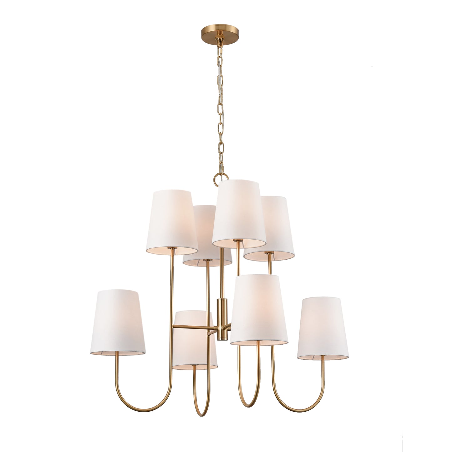 Enhance your living room or dining area with the Kinley Classic Gold Chandelier. The two-tiered shape and tapered shade adds a modern touch to the classic design. Crafted from iron with a sleek gold finish, this chandelier is hardwired and may require light assembly. Elevate your space with this elegant and stylish piece.