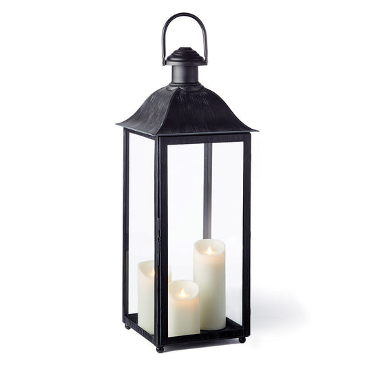 Designed with a wide square Base, this lantern can easily house multiple candles. The washed black finish and oversized loop for hanging make it a great choice for any outdoor space.