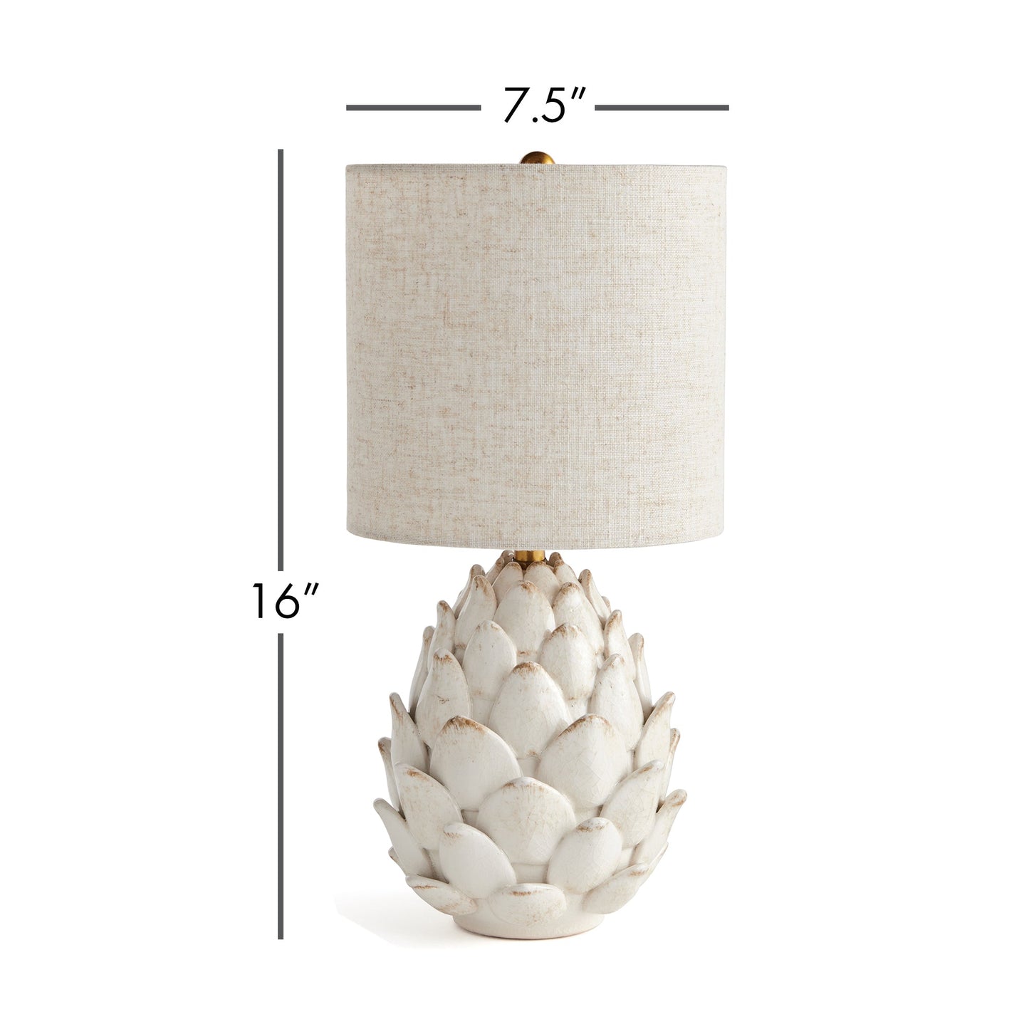 As an expert in this industry, I have designed a ceramic table lamp inspired by the natural beauty of an artichoke. Carefully hand-finished with antiqued edges, this masterpiece adds an elegant touch to traditional spaces. Paired with a natural linen shade, it is the perfect choice to elevate any room.