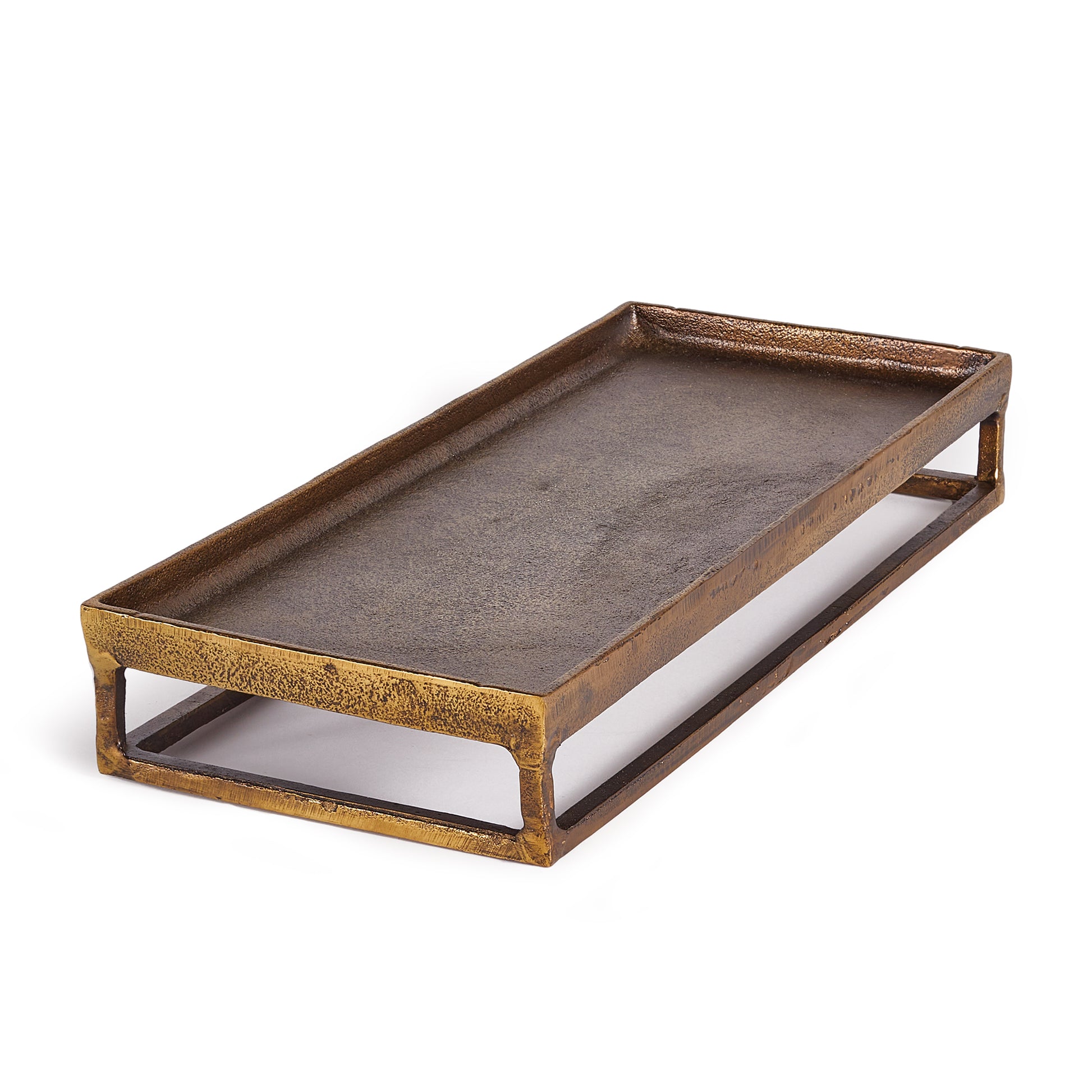 Made of solid cast aluminum and finished in a deep antique brass, the Cabot Raised Rectangular Tray elevates your objets. Perfect decorative tray for kitchen island or coffee table.