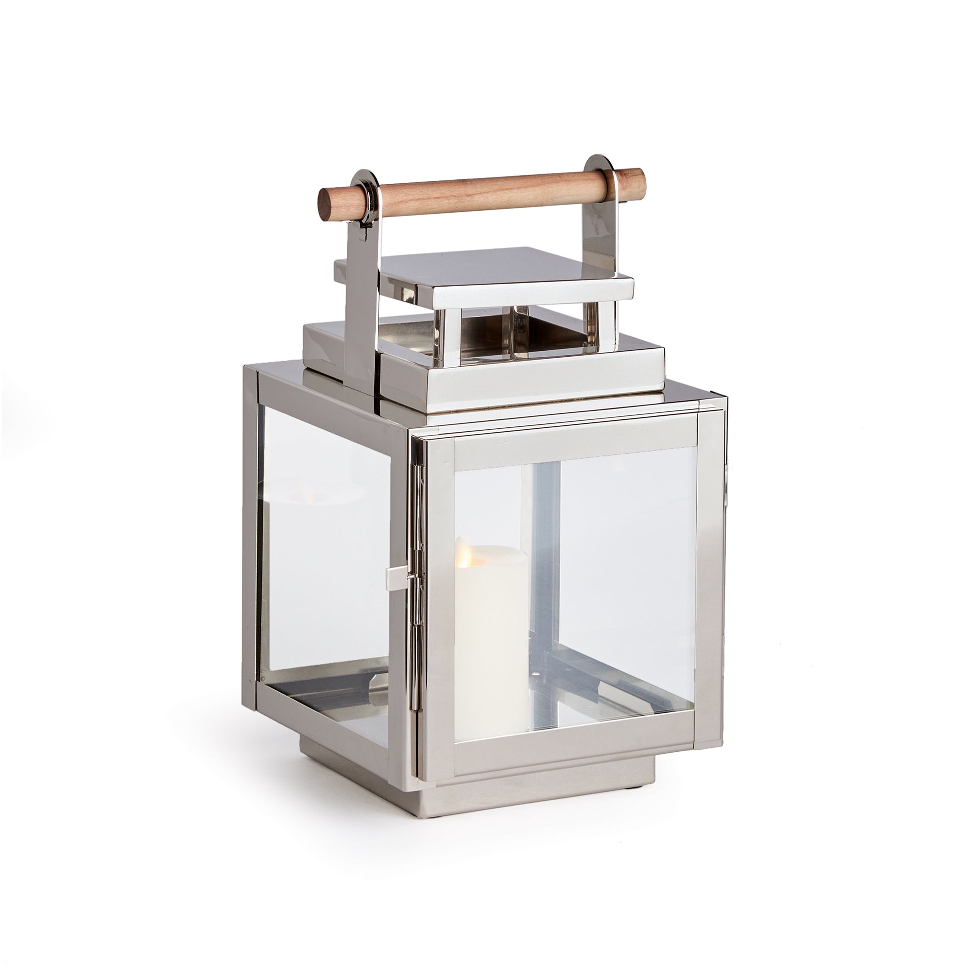 Featuring a teak handle, wide glass panes, and a tailored square profile, this outdoor lantern adds a touch of elegance to your patio, porch, or lanai. Its exclusive chrome design sets it apart from the rest. A beautiful and unique addition to any outdoor space.