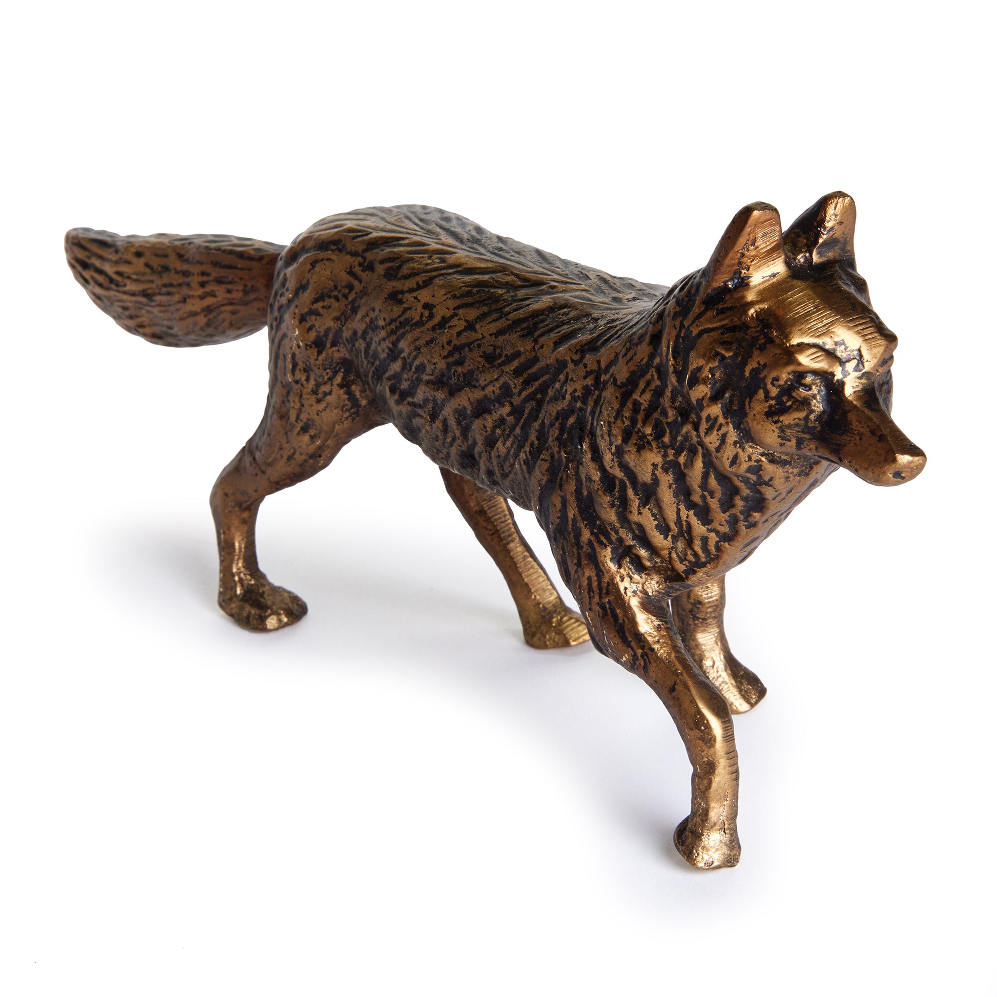 Made of a heavy cast aluminum, this sly fox is on the prowl. Definitely a sculpture worthy of a prime bookshelf spot. With realistic signature features, a stately addition to side table or ottoman, as well.