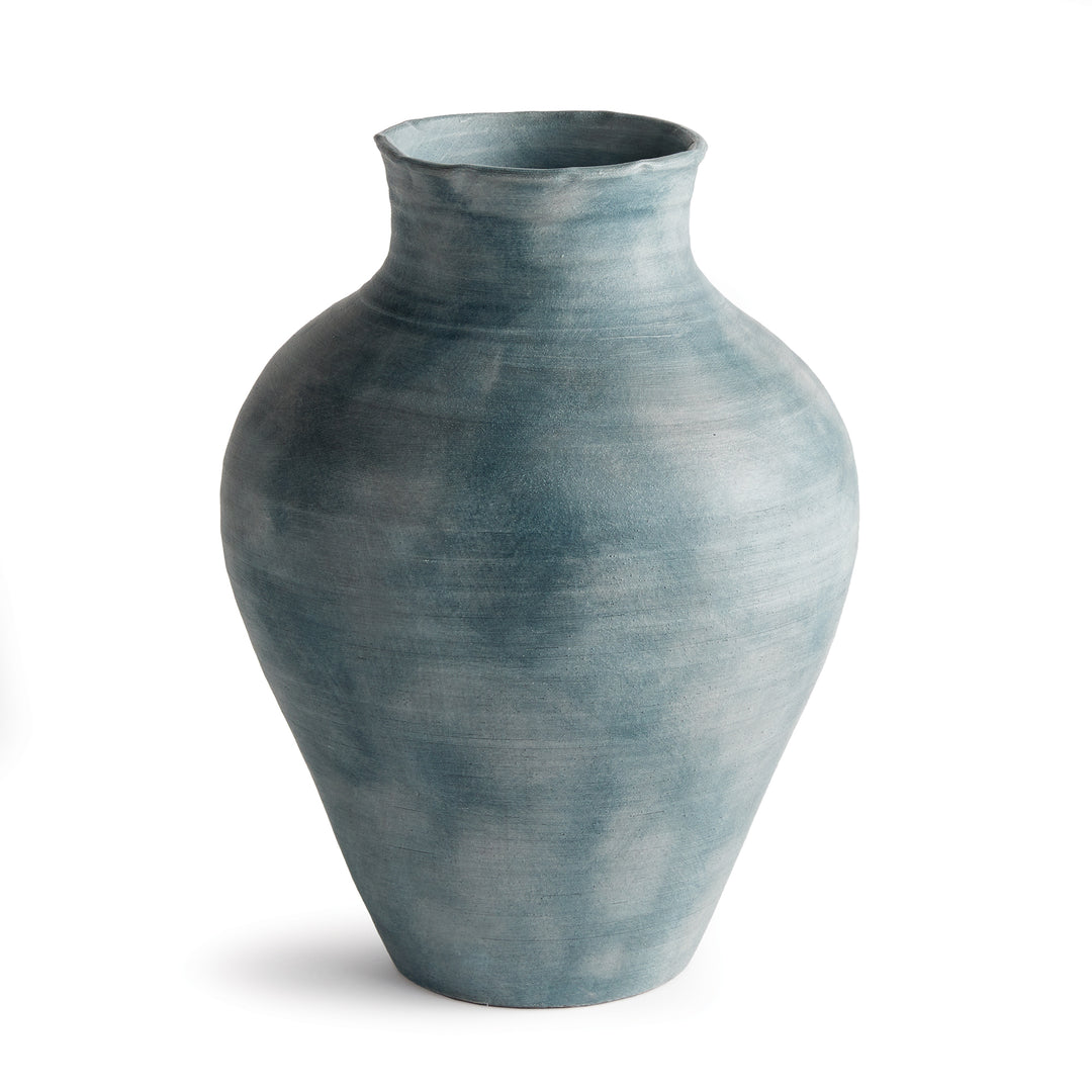 Handcrafted Large Terracotta Vase with Ribbed Gray-Blue Finish