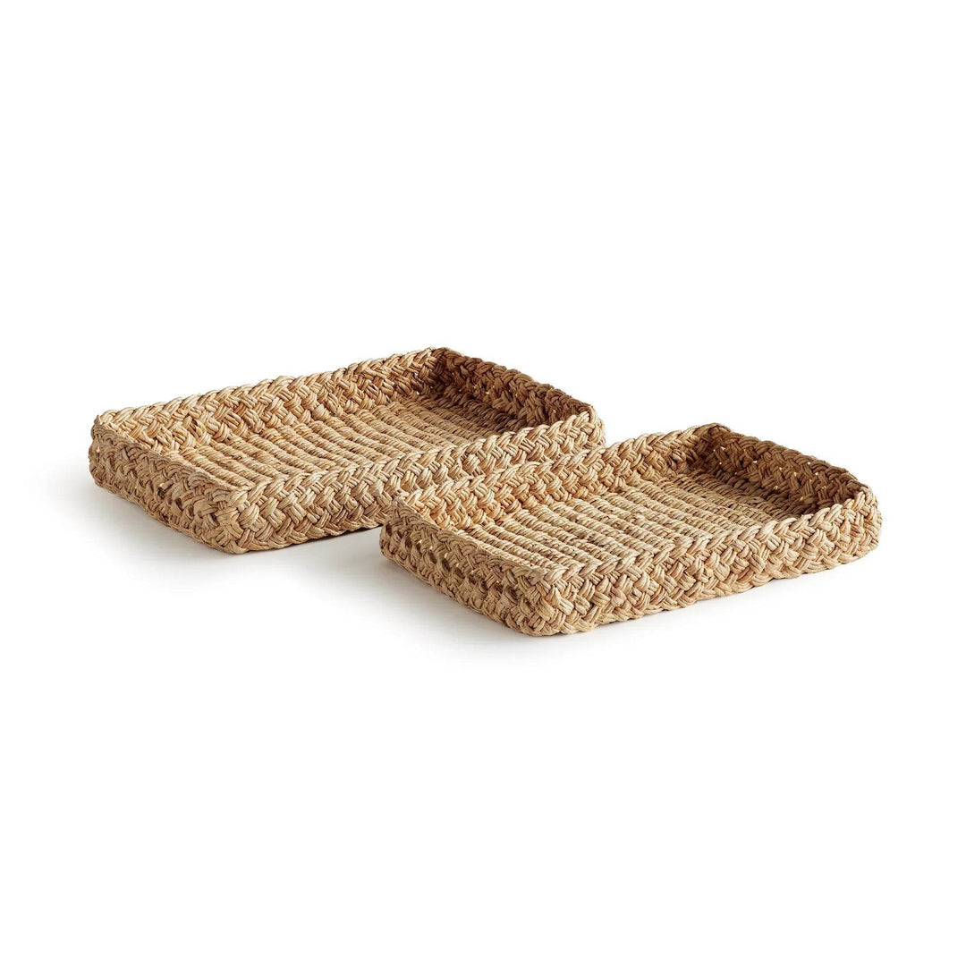 Set of two natural abaca French braided rectangular trays with handwoven texture, modern farmhouse style