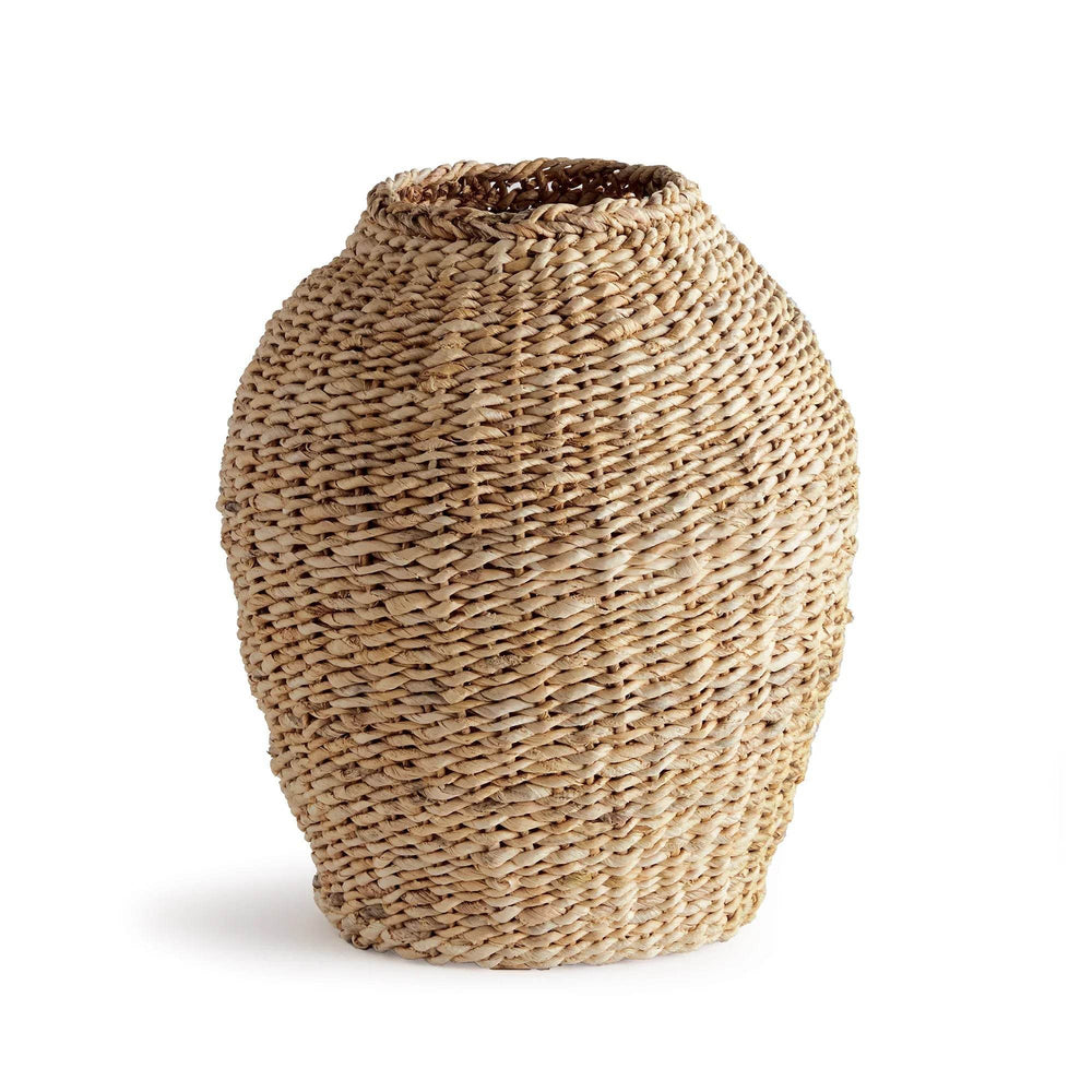 Alt: Small handwoven abaca fiber teardrop vase photographed at an angle highlighting curved body and woven texture – Coastal