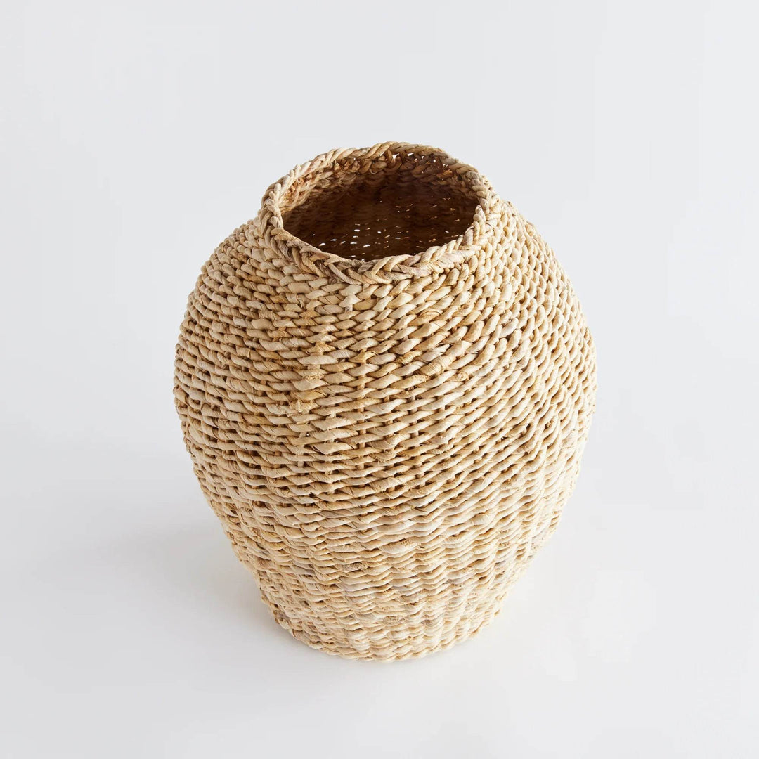Handwoven abaca teardrop vase shown in full view with natural tan fiber texture and rounded silhouette – Modern Farmhouse