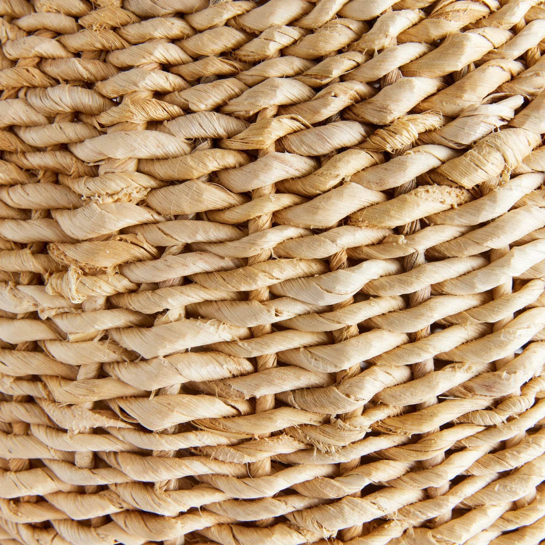 Detailed view of handwoven abaca fibers on small teardrop vase, showcasing texture and tonal variation – Modern Farmhouse