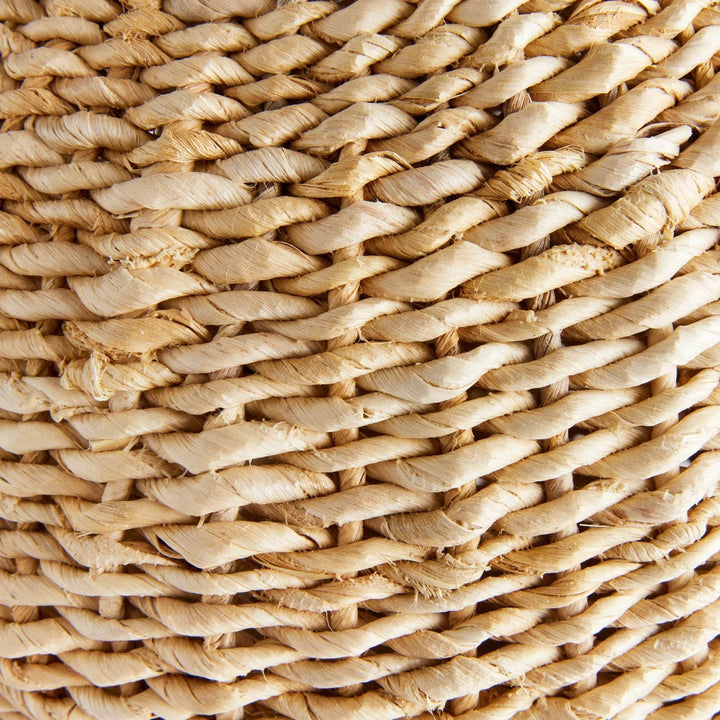 Detailed view of handwoven abaca fibers on small teardrop vase, showcasing texture and tonal variation – Modern Farmhouse