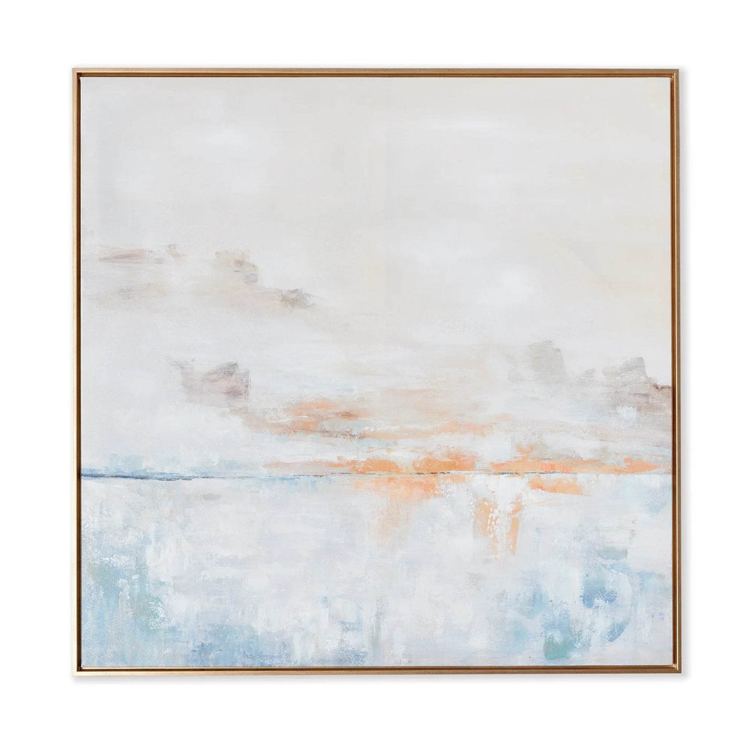 Large square abstract wall art on canvas with blue, white, and orange tones, finished in slim gold frame – Modern Coastal