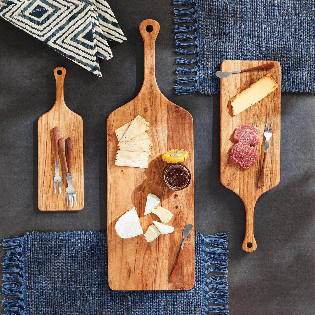 Acacia wood serving boards styled with cheese, bread, and charcuterie on a dark tabletop, set of three with handles – Rustic.