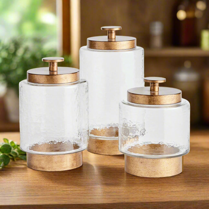 Set of 3 Seeded Glass and Antique Gold Metal Canisters