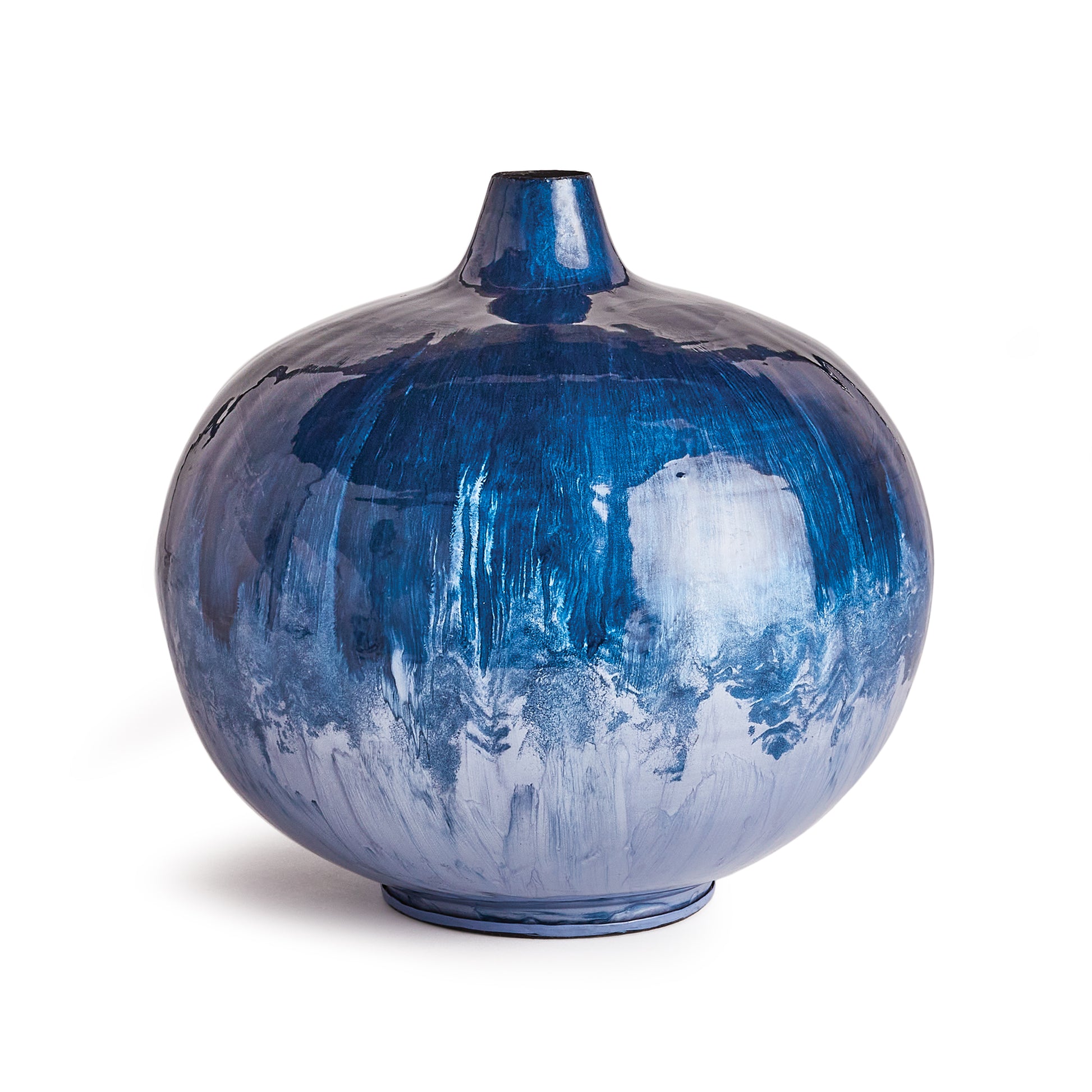 Crafted from lightweight enameled iron and hand-painted in a stunning ombre design inspired by nature, this Blue Round Vase Petite is the epitome of effortless elegance. The durable iron material gives it both strength and lightweight properties, while the organic blue tones add a touch of natural beauty. A perfect representation of understated sophistication.