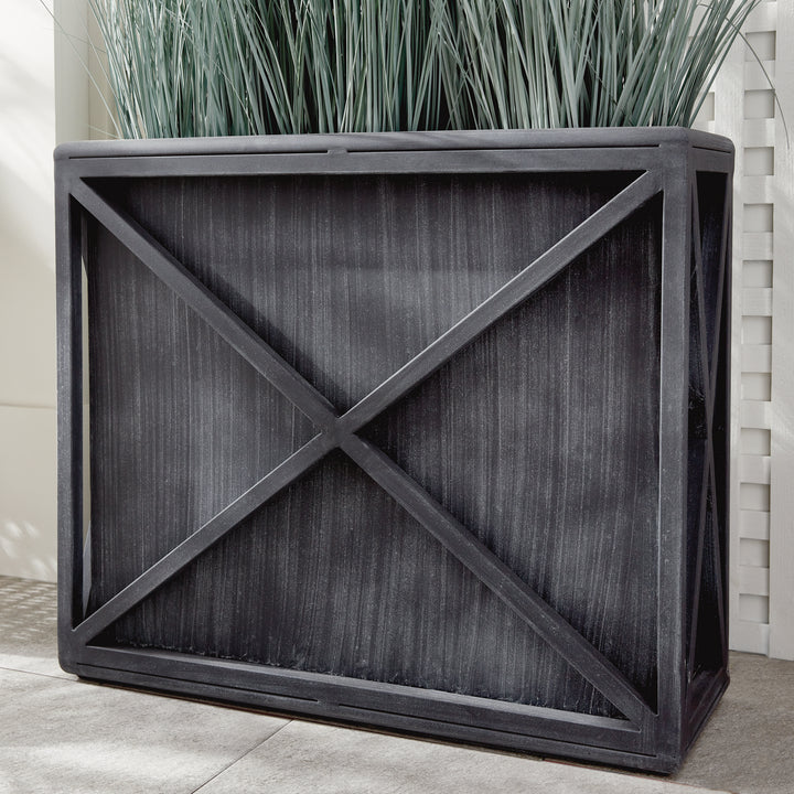 Close-up view of rectangular outdoor metal planter with aged zinc finish and iron X-frame detailing – Modern Farmhouse planter